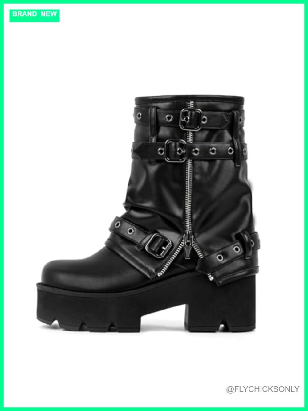 Platform Ankle Boots Faux Leather Block Heel Straps Buckles Zipper